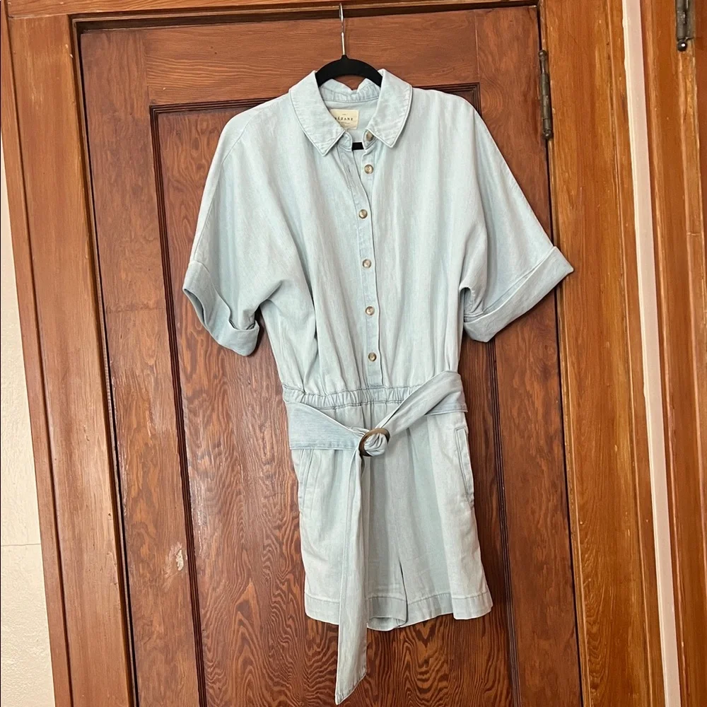 Sezane Light Blue Linen Belted Romper